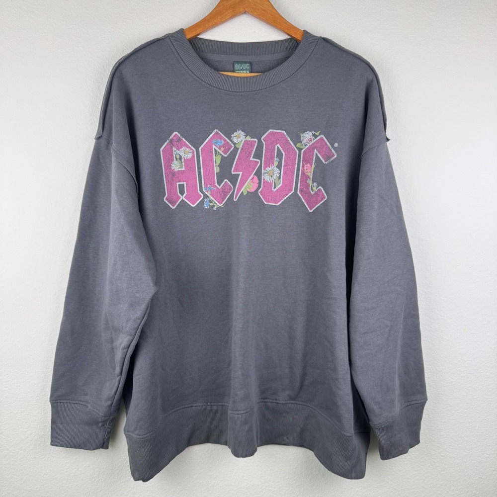 Terra & Sky AC/DC Sweatshirt Womens 3X Gray Excellent Floral Graphic Rock Casual